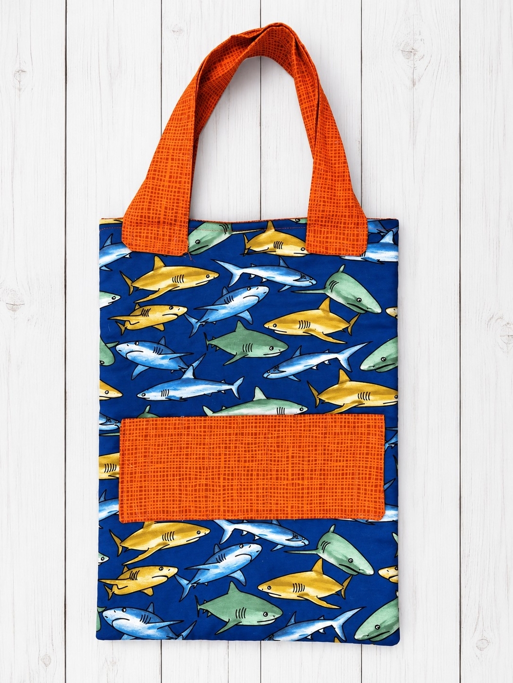 Blue Shark-Print Pet Tote with Orange Handles